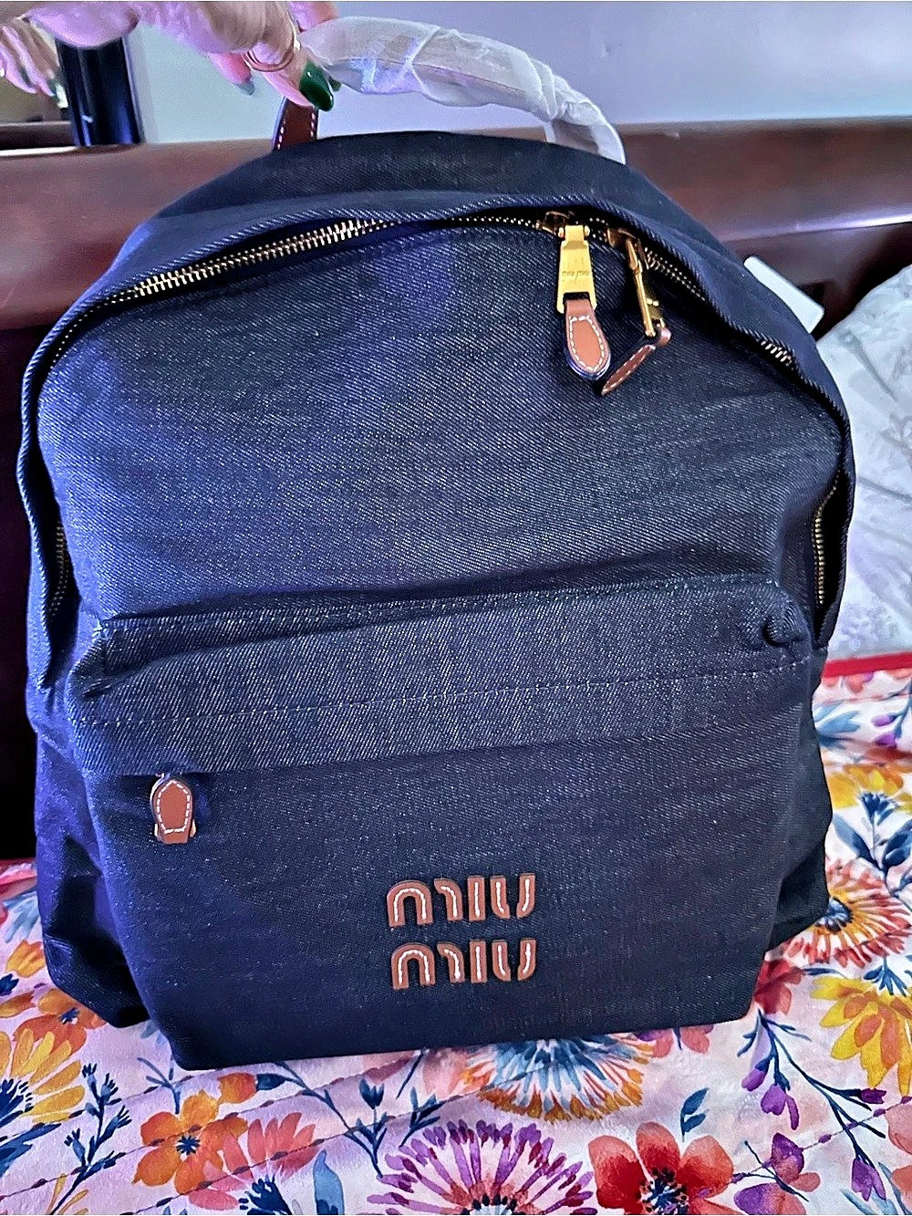 Miu Denim and leather backpack Black & Brown